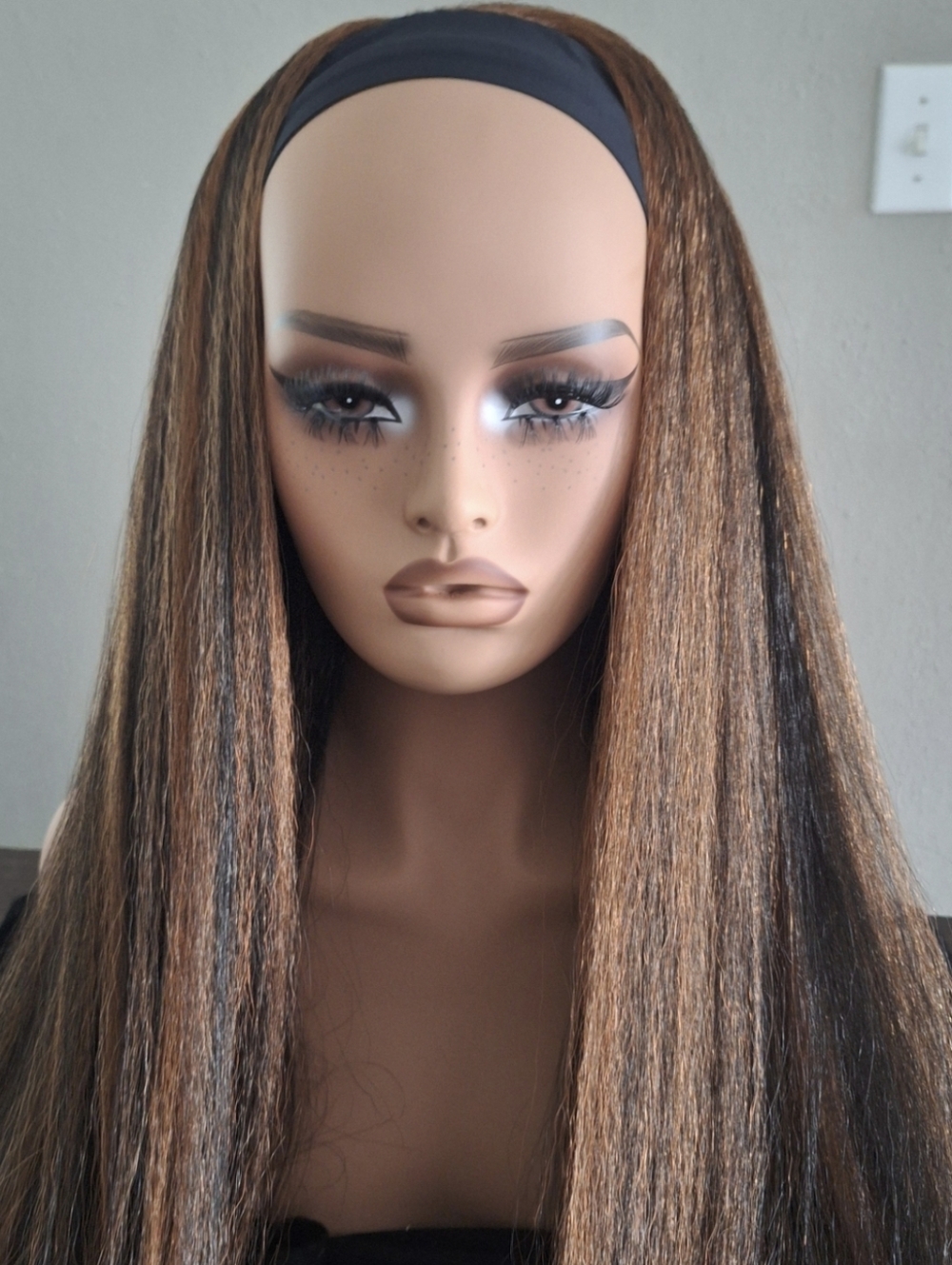 Natural Yaki Straight Headband Wig In Black & Brown 28 Inch (No Offers)